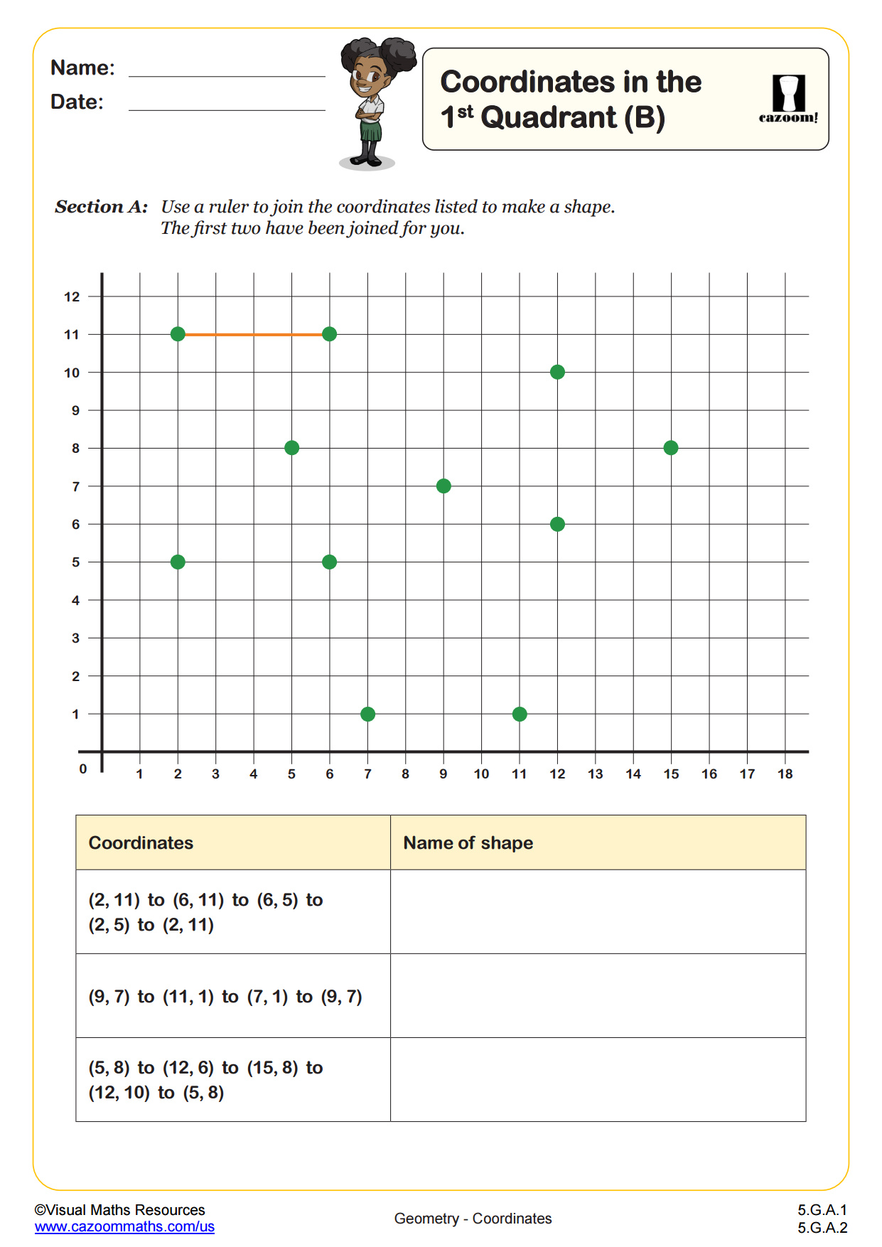 Coordinates in the First Quadrant (B) | 5th Grade PDF Geometry ...