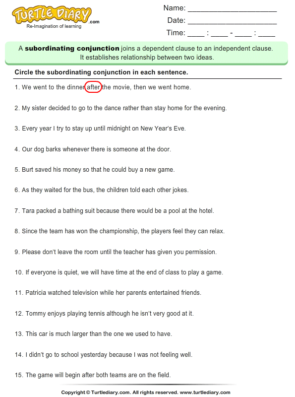 coordinating and subordinating conjunctions worksheet