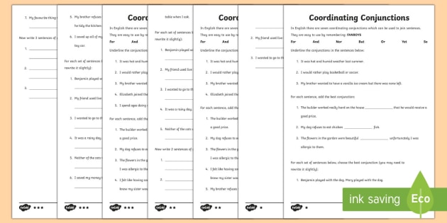 Coordinating Conjunctions FANBOYS Differentiated Worksheet ...