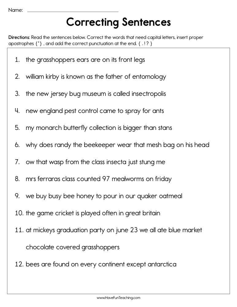 Correcting Sentences Worksheet  