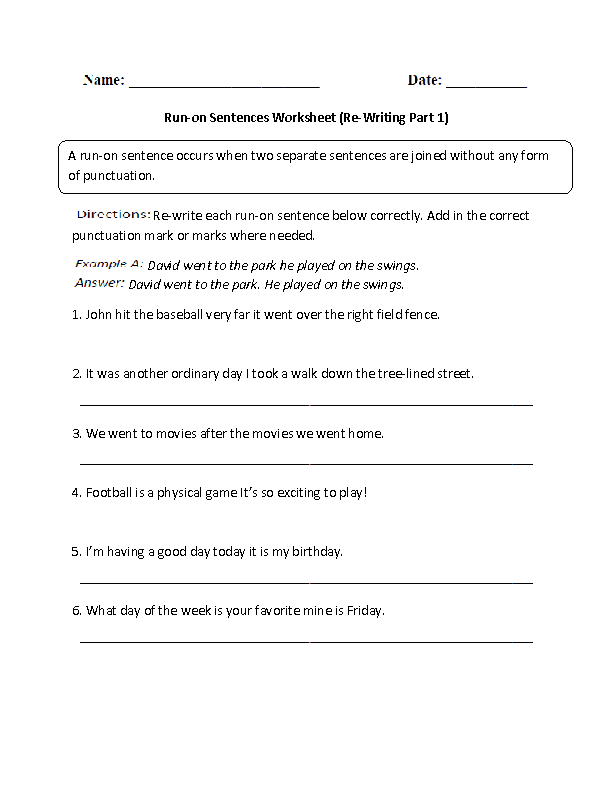 Run on Sentences Worksheets | Correcting Run on Sentences ...