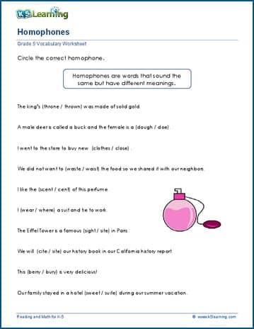 Grade 5 homophones worksheet | Worsheets library
