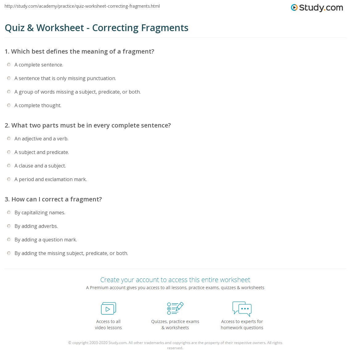Quiz &  Worksheet - Correcting Fragments | Study.com