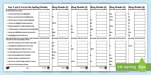 Correct the Spelling Mistakes Worksheet Pack 2 - Year 5 &  6 (Ages ...