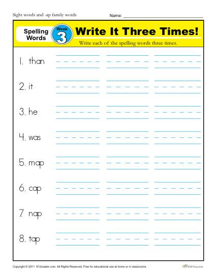 First Grade Spelling Words List - Week 3 | K12reader