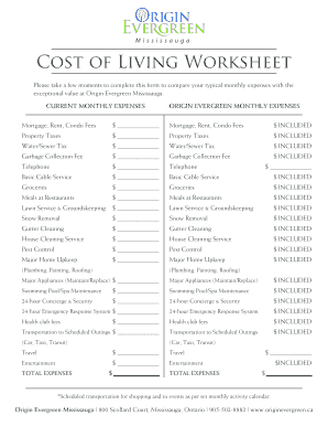 cost of living worksheet