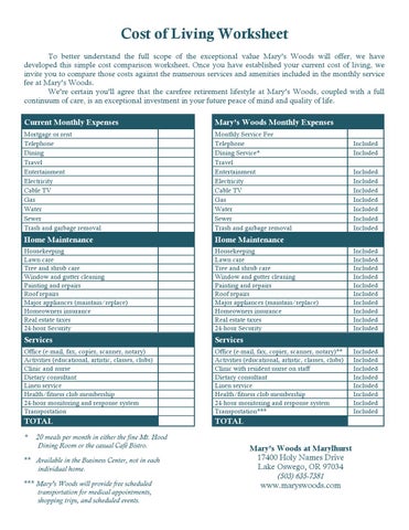 cost of living worksheet