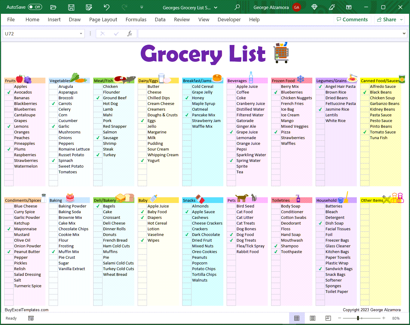Grocery List Spreadsheet | Printable &  Editable Food Shopping ...