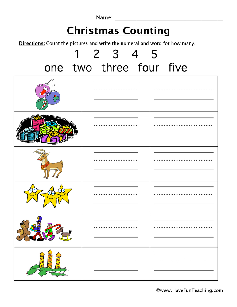 Christmas Counting Numbers 1-5 Worksheet  