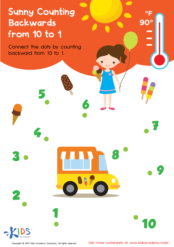 Sunny Counting Backwards from 10 to 1 Worksheet for kids