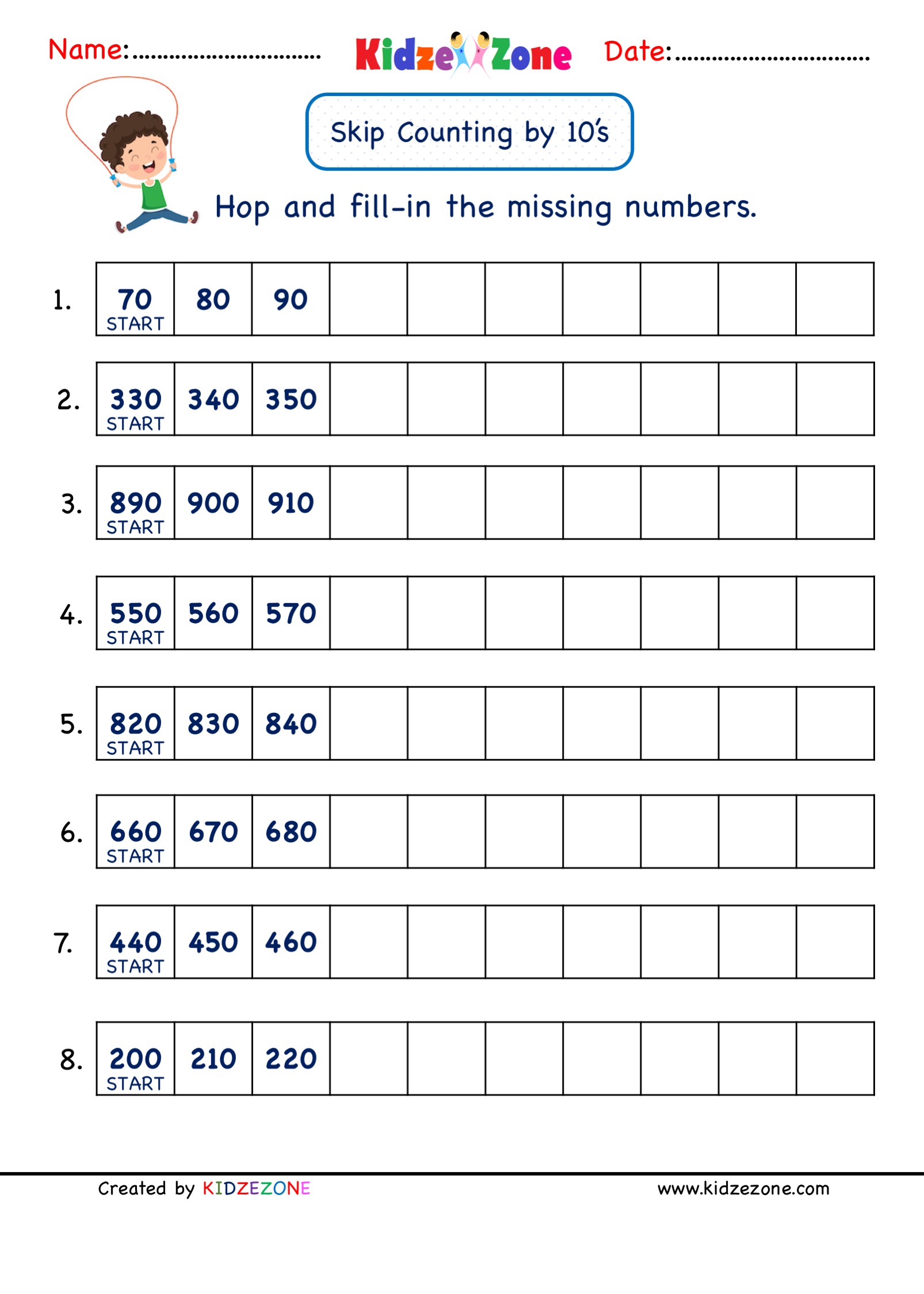 Grade 2 Math Number Practice worksheets - Skip Counting by 10