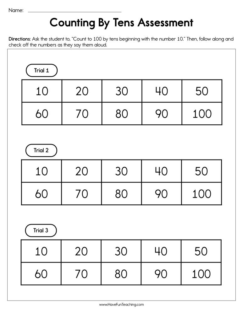 Counting by Tens Assessment Worksheet  