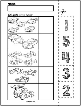 Race Cars Cut &  Match Worksheets | Numbers 1-5 by preKautism | TPT