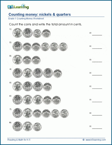 Grade 1 counting money worksheets - nickels and quarters | Worsheets library
