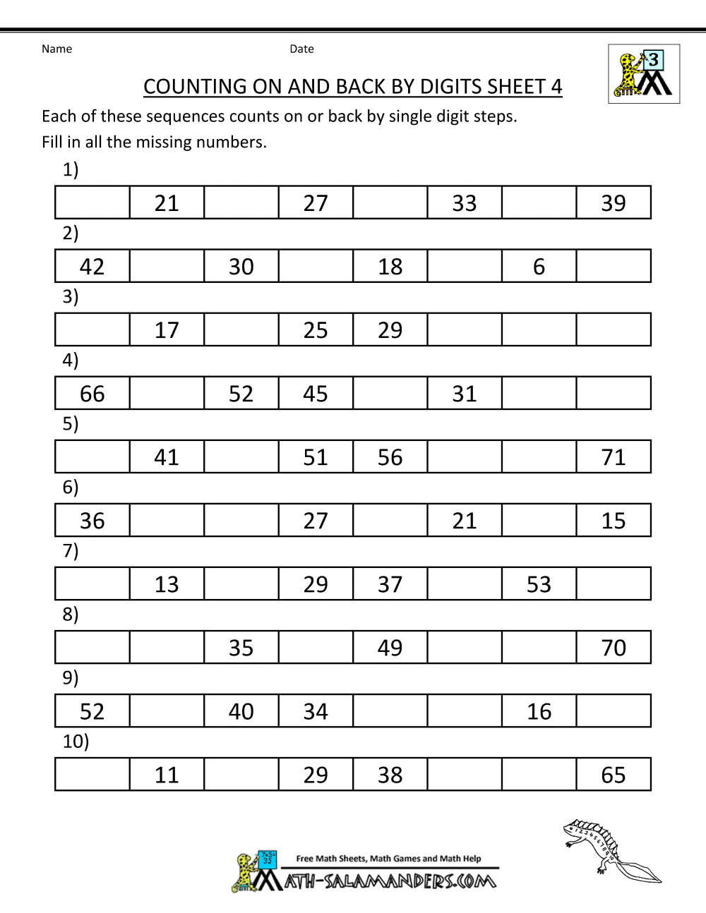 Counting on and back Worksheets 3rd Grade