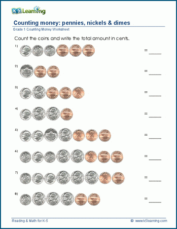 Grade 1 counting money worksheets - pennies, nickels and dimes ...