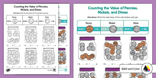 counting pennies nickels and dimes worksheet