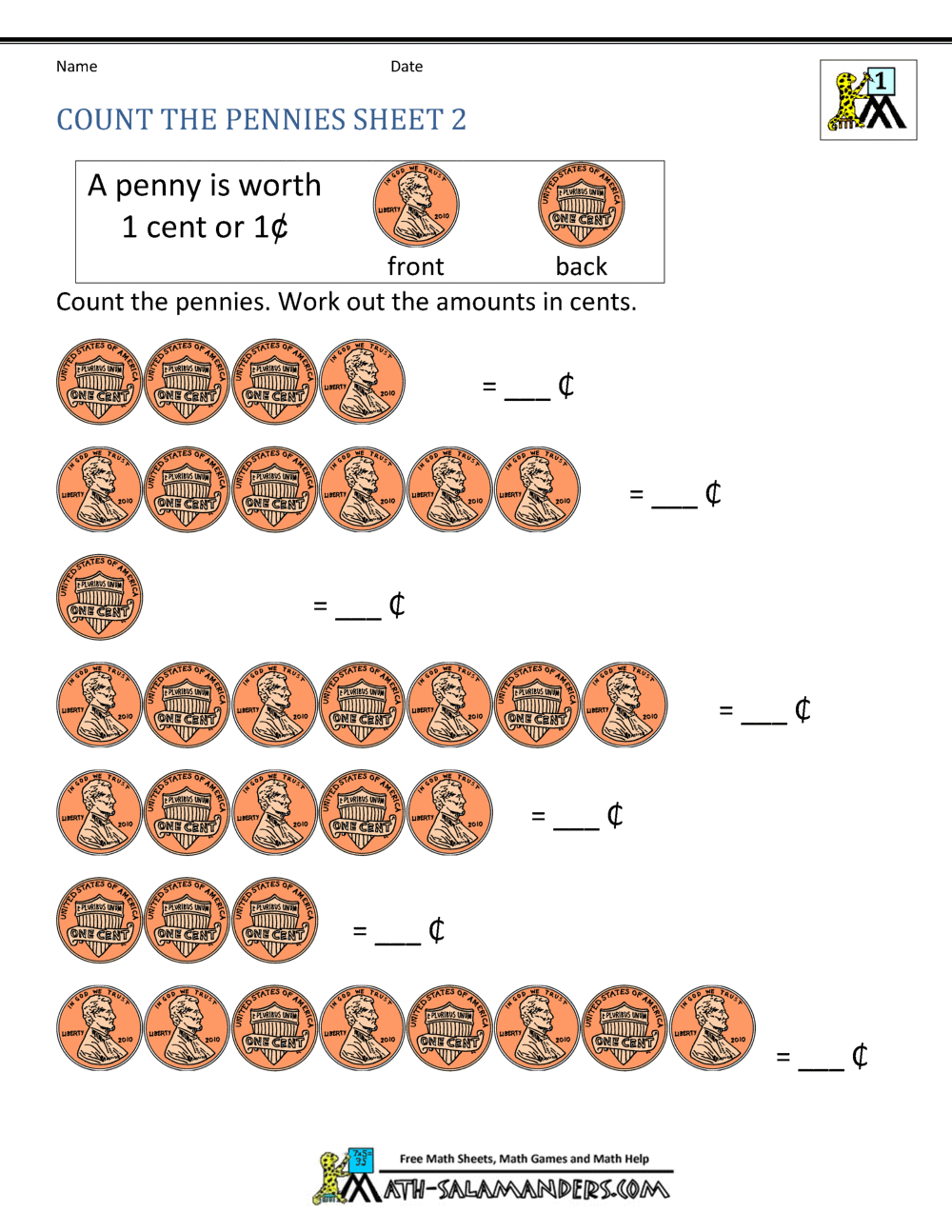 counting pennies worksheet for kindergarten