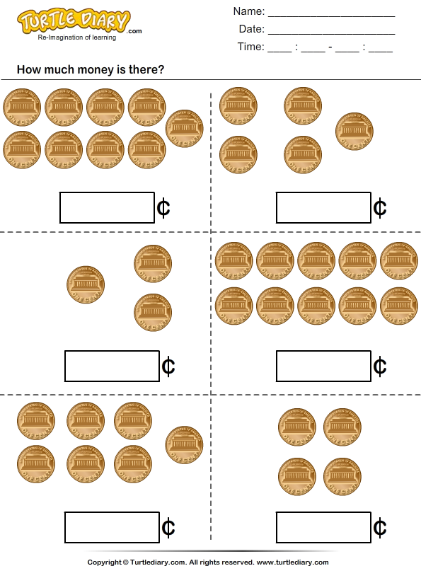 Counting Pennies up to Ten Cents | Turtle Diary Worksheet