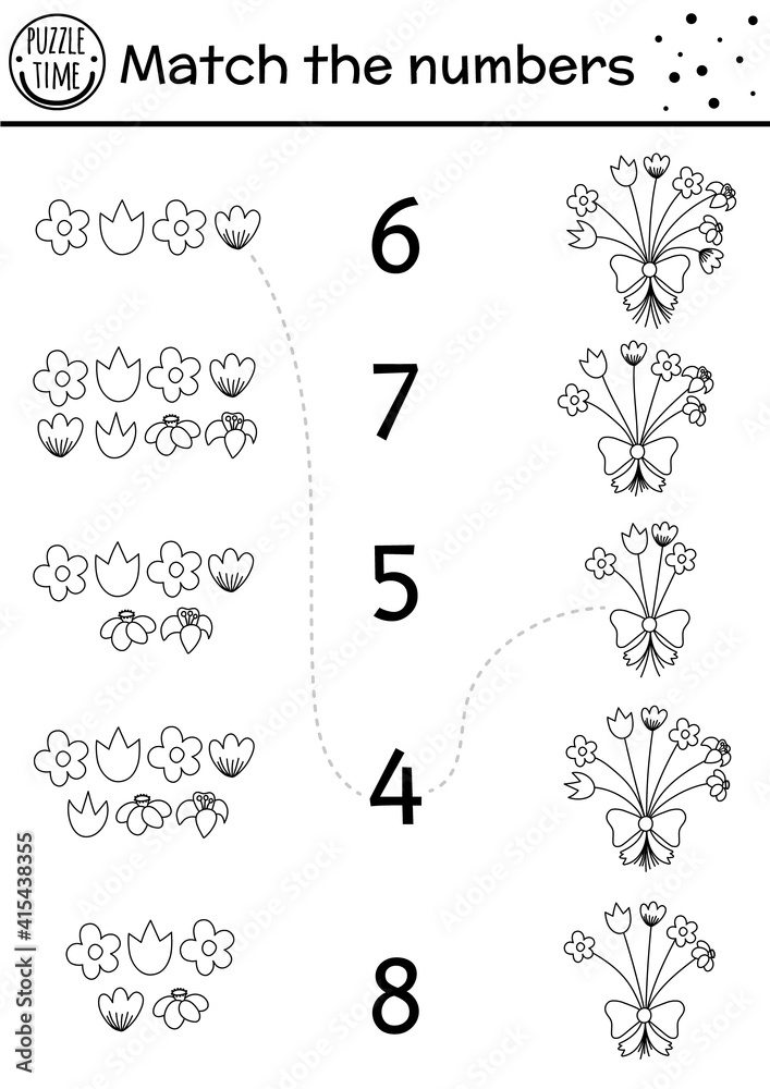 Easter black and white matching game with bouquet of spring ...