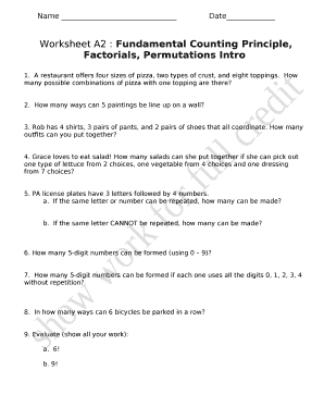 worksheet a2 fundamental counting principle Doc Template | pdfFiller
