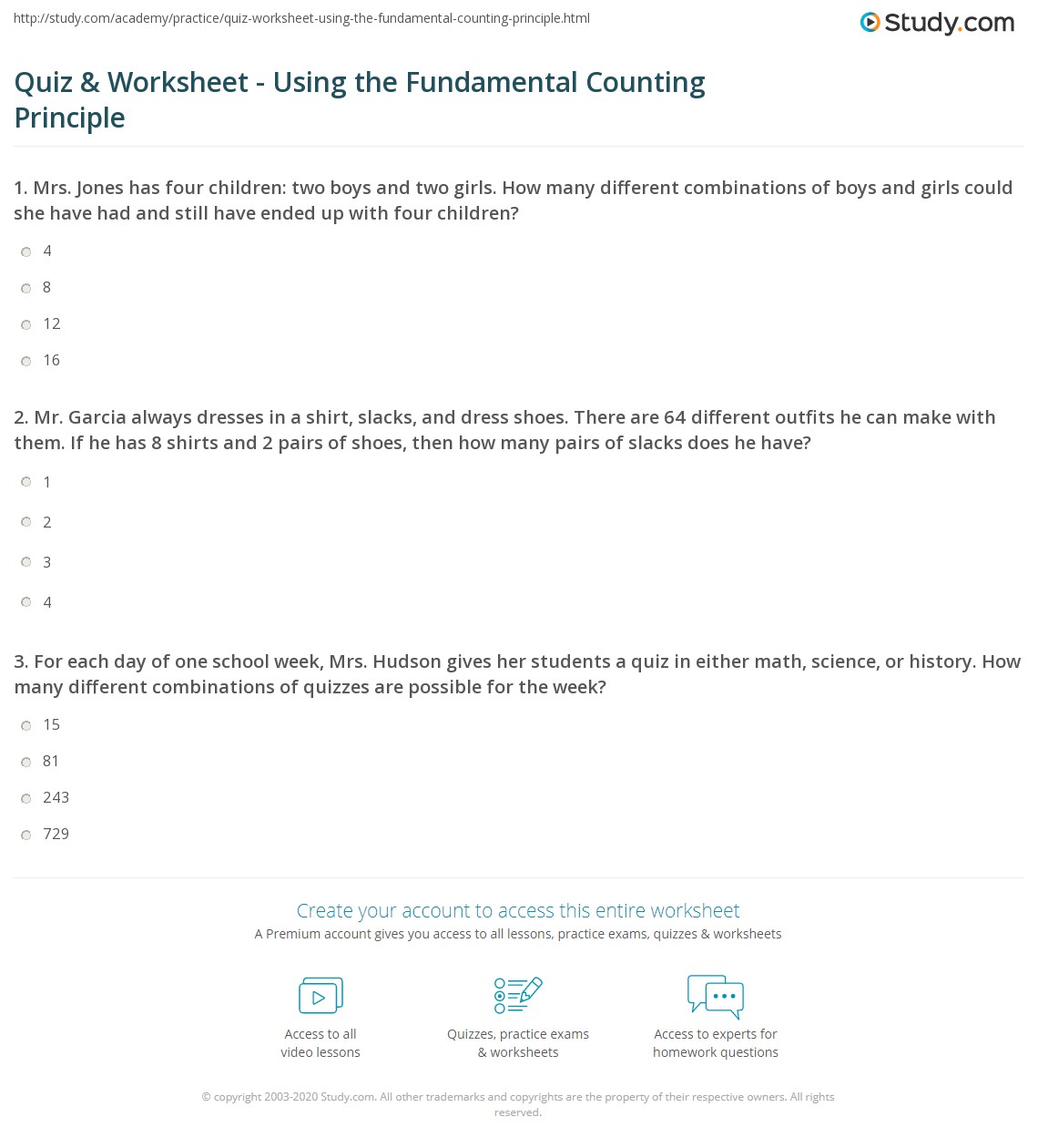 Quiz &  Worksheet - Using the Fundamental Counting Principle ...