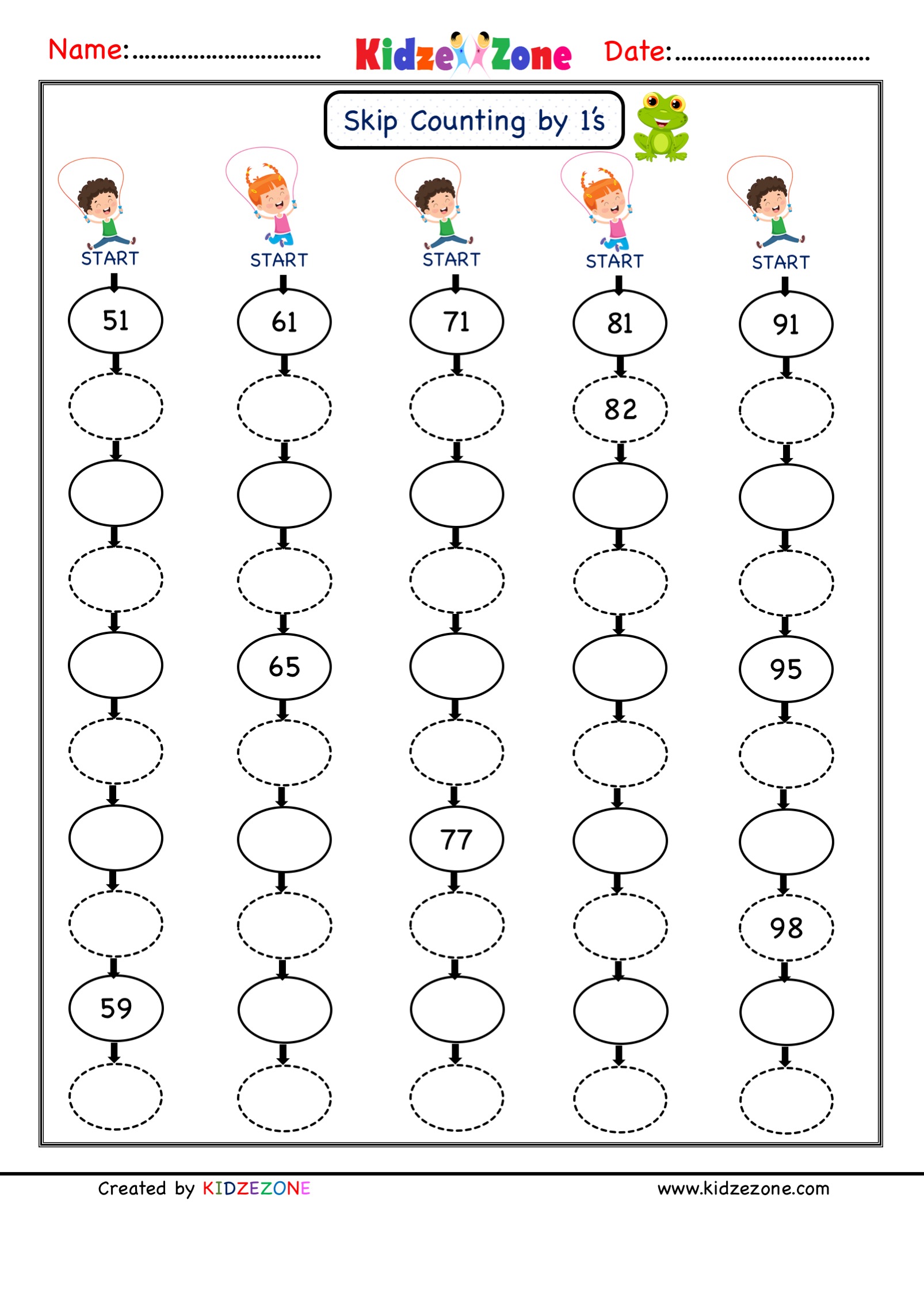 Grade 1 Math Number worksheets - Skip Counting by 1