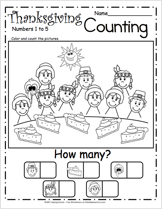 Free Counting Worksheets for Kindergarten - Thanksgiving Pie ...