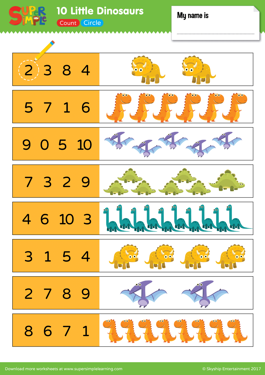 10 Little Dinosaurs Worksheet - Count &  Circle - Super Simple