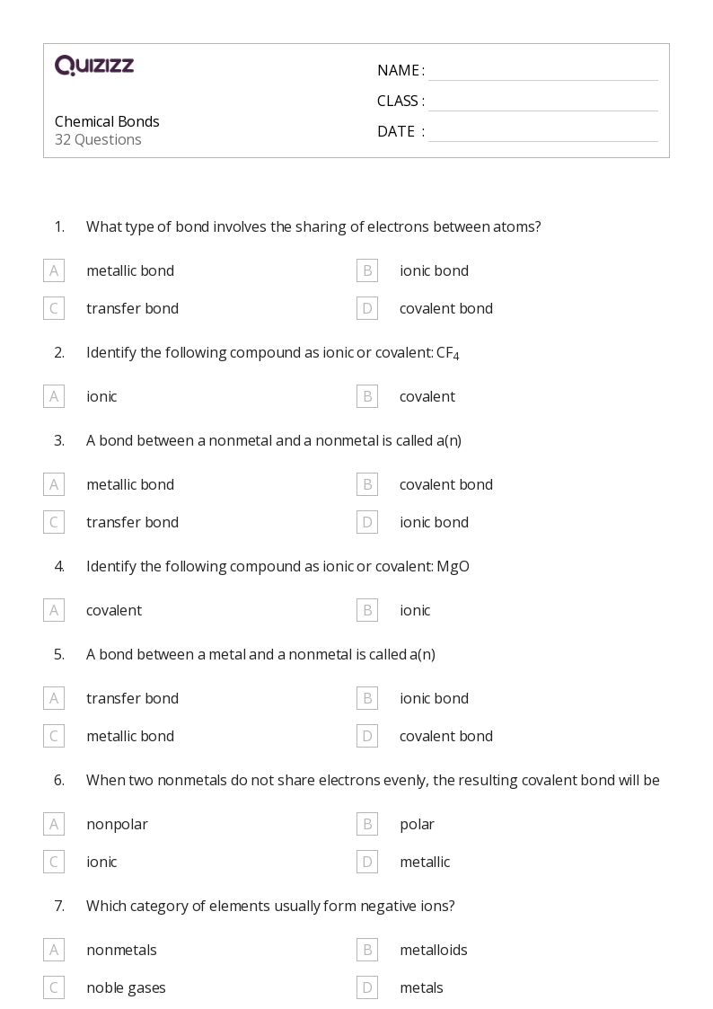 50+ chemical bonds worksheets for 11th Grade on Quizizz | Free ...