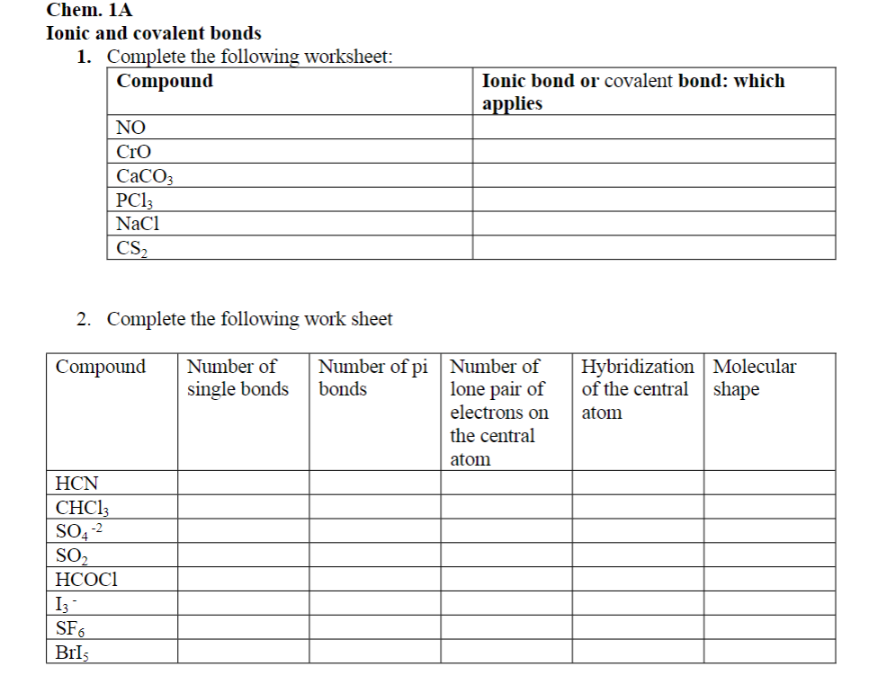covalent bond worksheet with questions