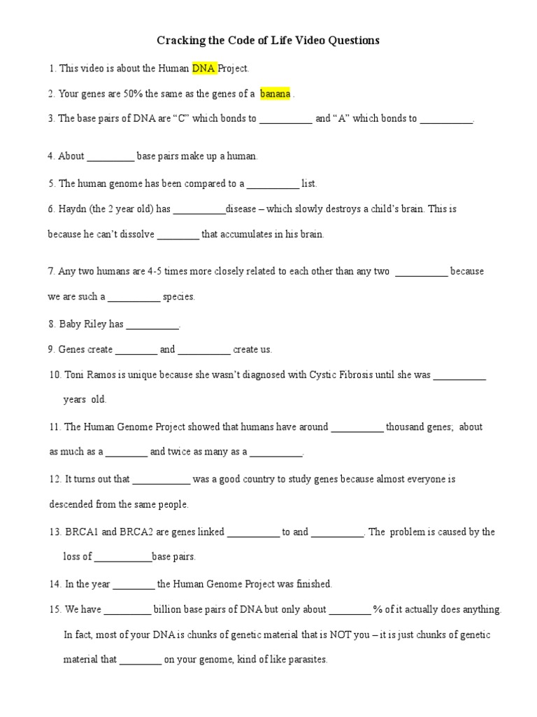 Cracking The Code of Life Video Questions Raw PDF | PDF