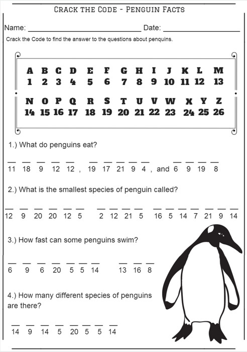 Crack the Code - Penguin Facts - Codebreaker Worksheet - Miniature ...