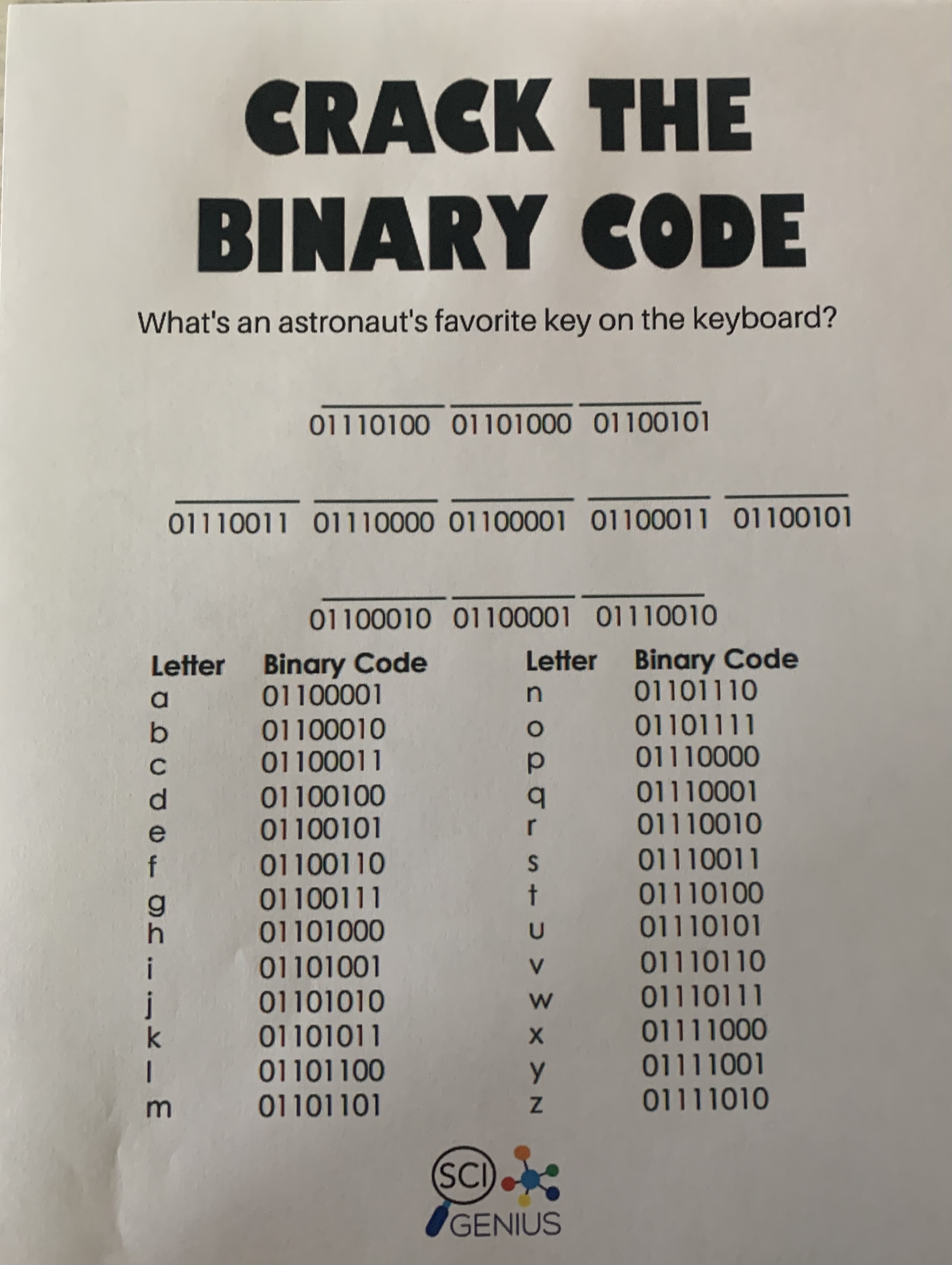 Crack the Binary Code - SciGenie - Worksheets Library