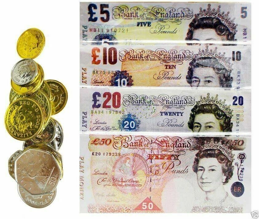 Fake Play Money Pretend Sterling Notes Coins Set Pound Cash Shop ...