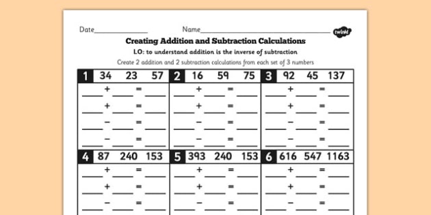 Grade 3 Inverse Create Addition and Subtraction Calculations from ...