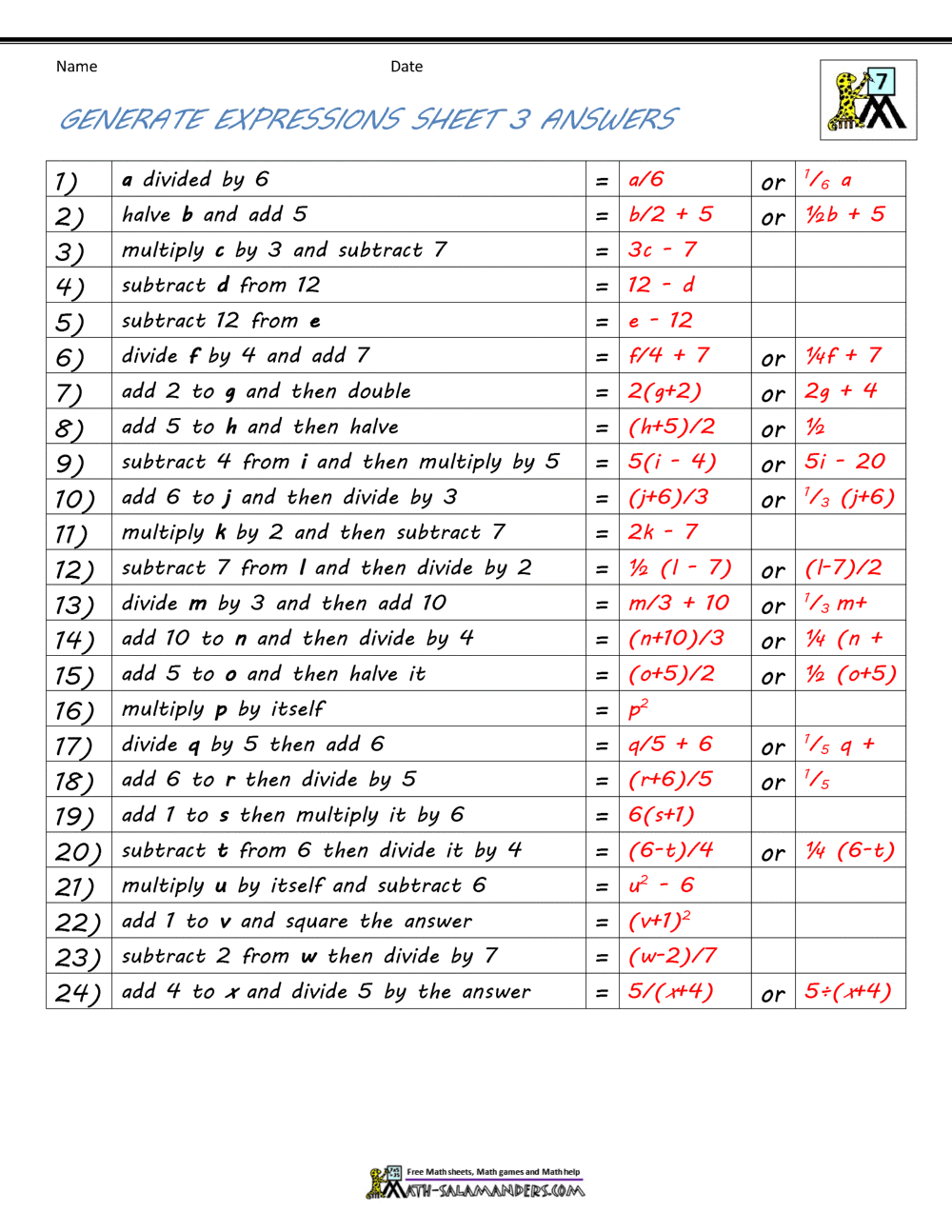 Basic Algebra Worksheets