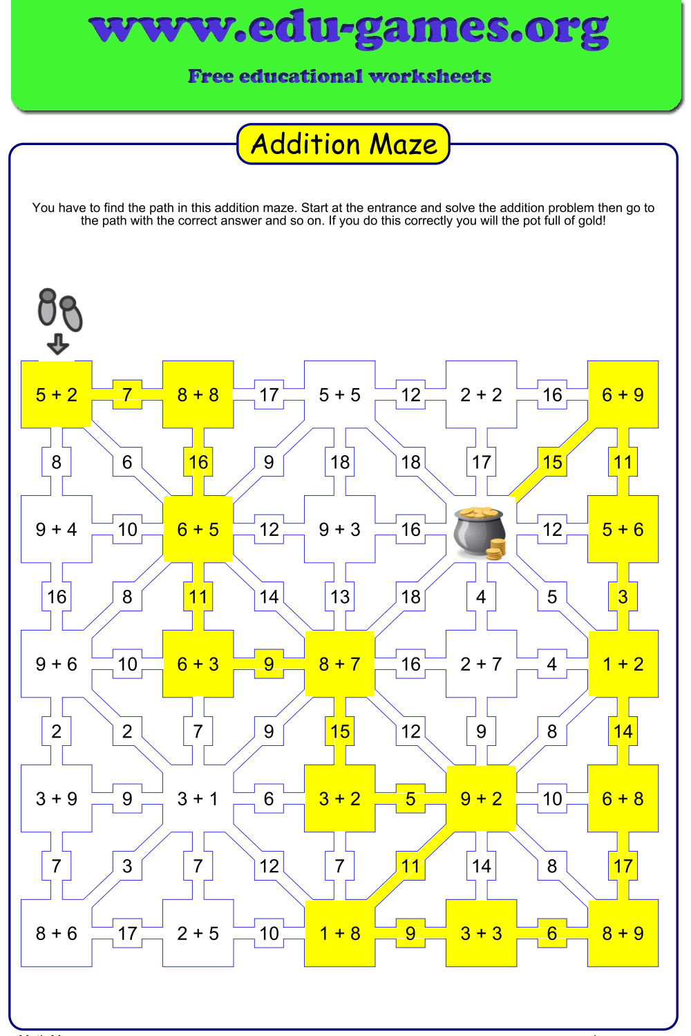 Addition Maze Maker | Free Worksheets on edu-games.org