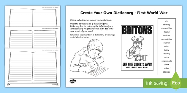 First World War Create Your Own Dictionary Writing Worksheet ...