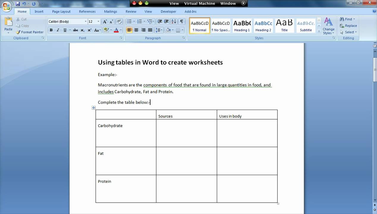 How to use Tables in Word to create a worksheet - Introduction