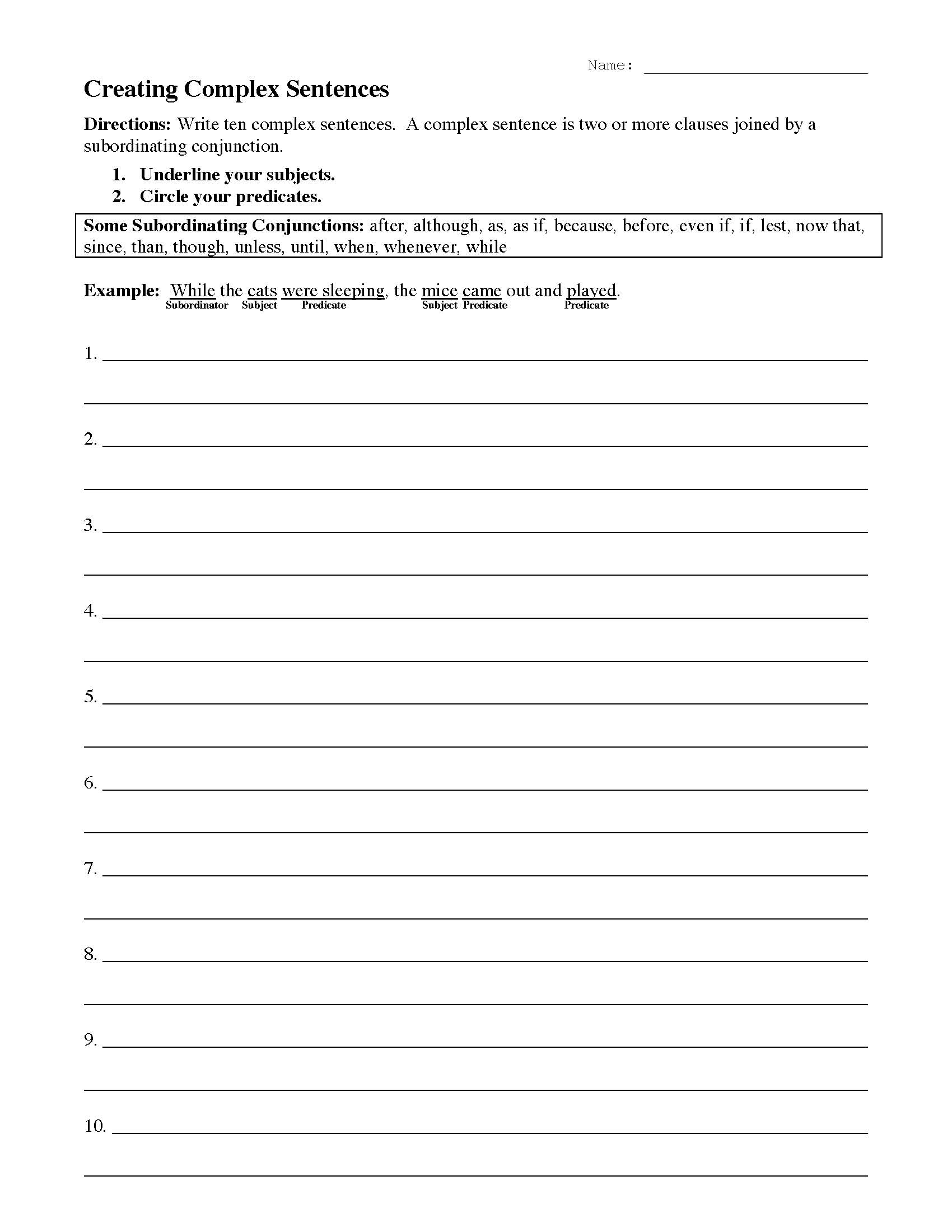 Creating Complex Sentences Worksheet | Sentence Structure Activity