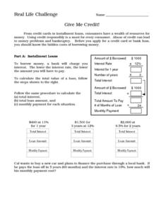 Real Life Challenge- Give Me Credit! Worksheet for 7th - 9th Grade ...