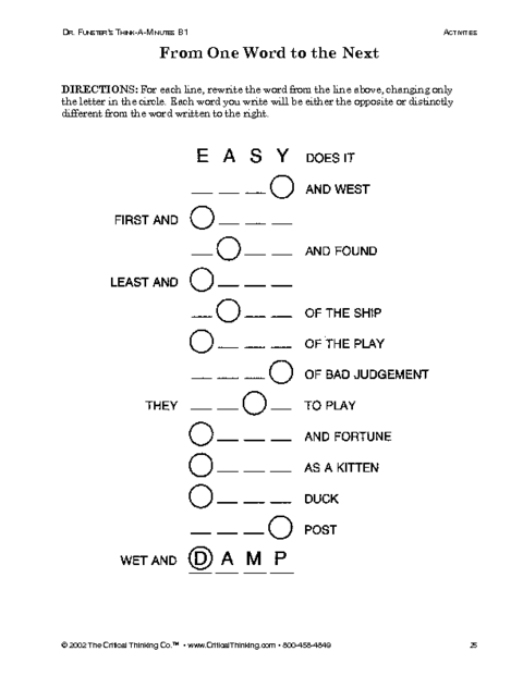 Critical Thinking Worksheet Grades 3-5: One-Letter-Word-Game ...