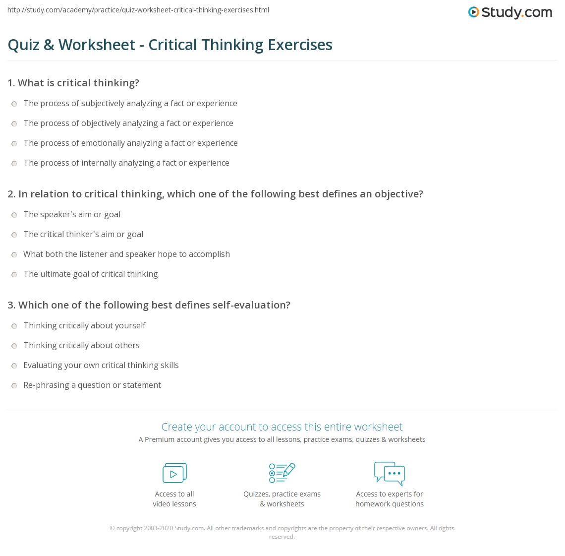 critical thinking worksheet for college
