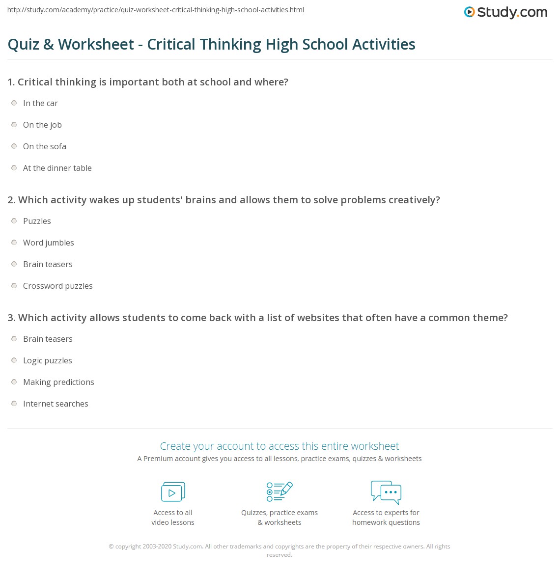 critical thinking worksheet for middle school