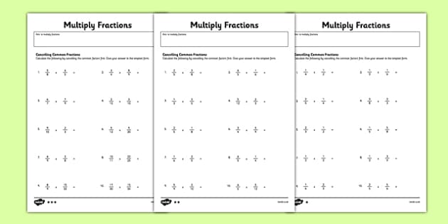 Year 6 Multiply Fractions Cancelling Common Factors Worksheet ...