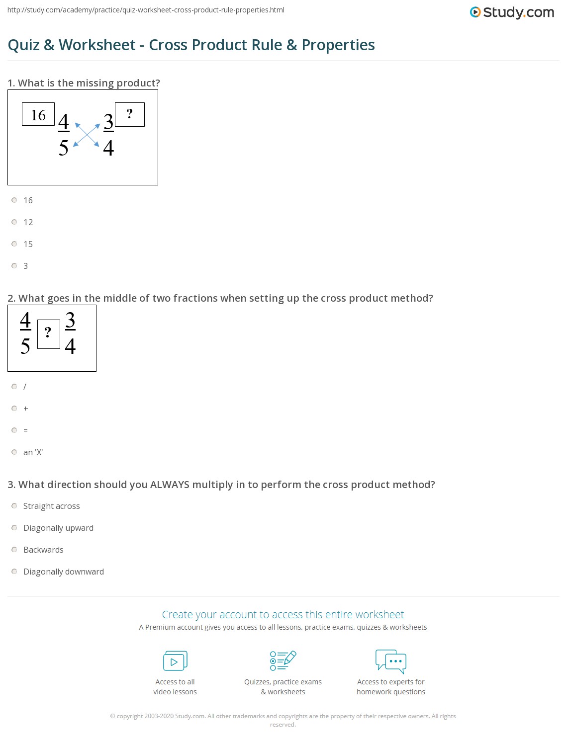 Quiz &  Worksheet - Cross Product Rule &  Properties | Study.com