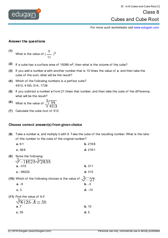 cubes and cube roots worksheet answers