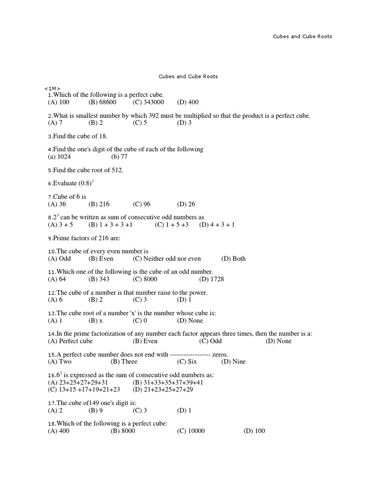 CBSE Class 8 Cubes and Cube Roots Worksheet PDF | PDF | Number ...