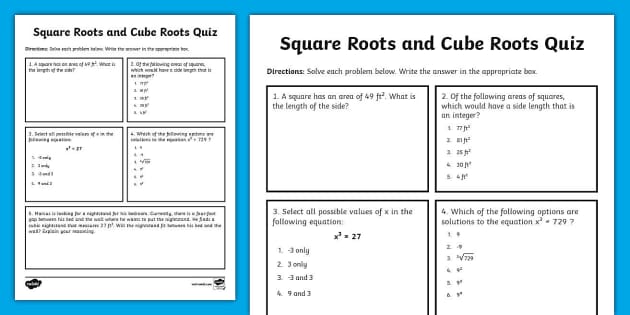 Eighth Grade Square Roots and Cube Roots Quiz (teacher made)
